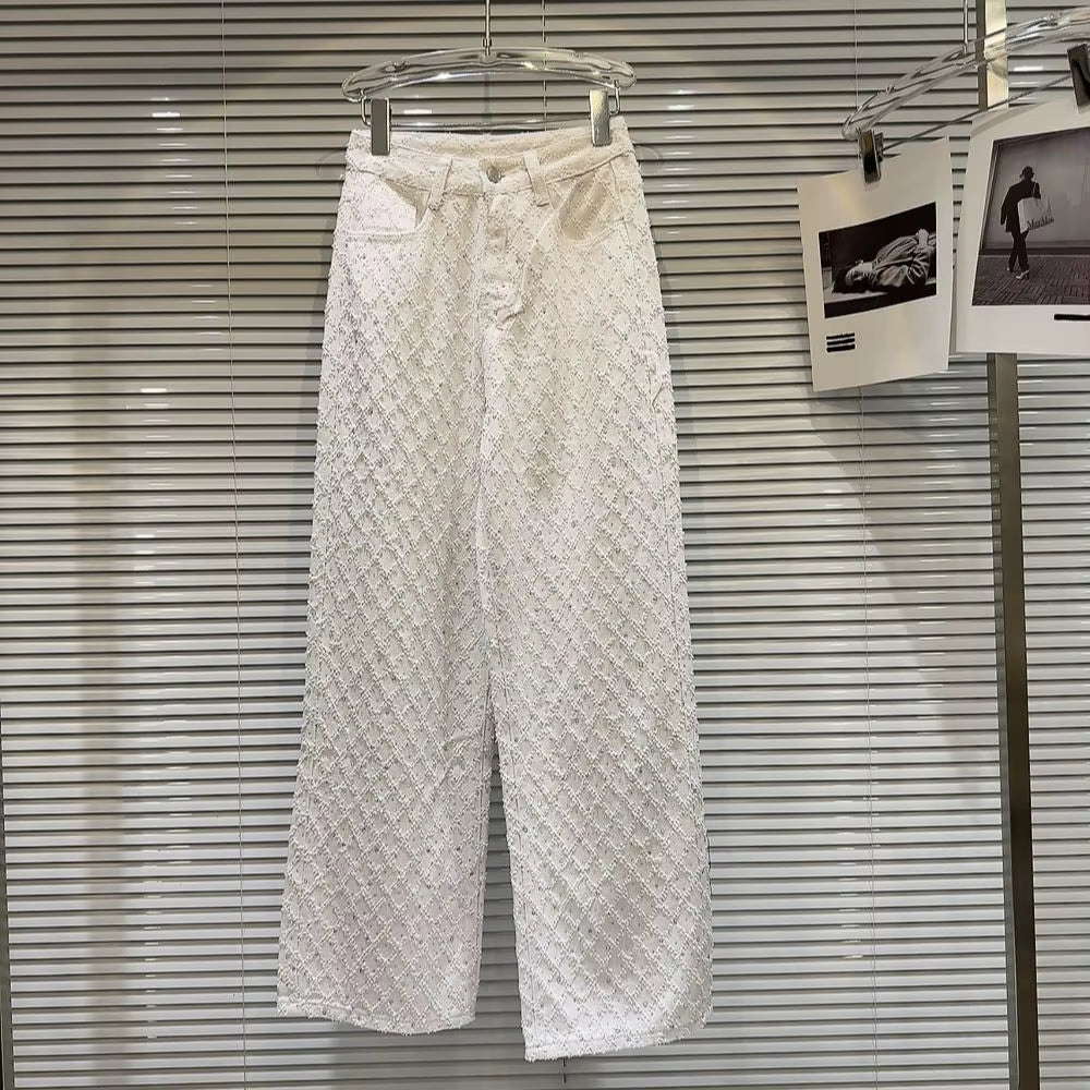 2024 Spring New Elegant Diamond Lattice Jacquard Pattern Washed and Worn Hot Girl Wide Leg Jeans