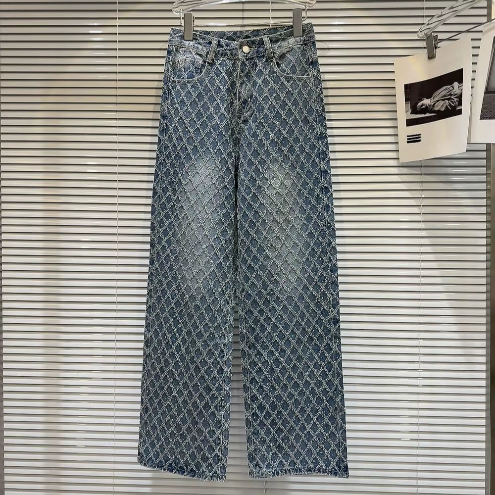 2024 Spring New Elegant Diamond Lattice Jacquard Pattern Washed and Worn Hot Girl Wide Leg Jeans