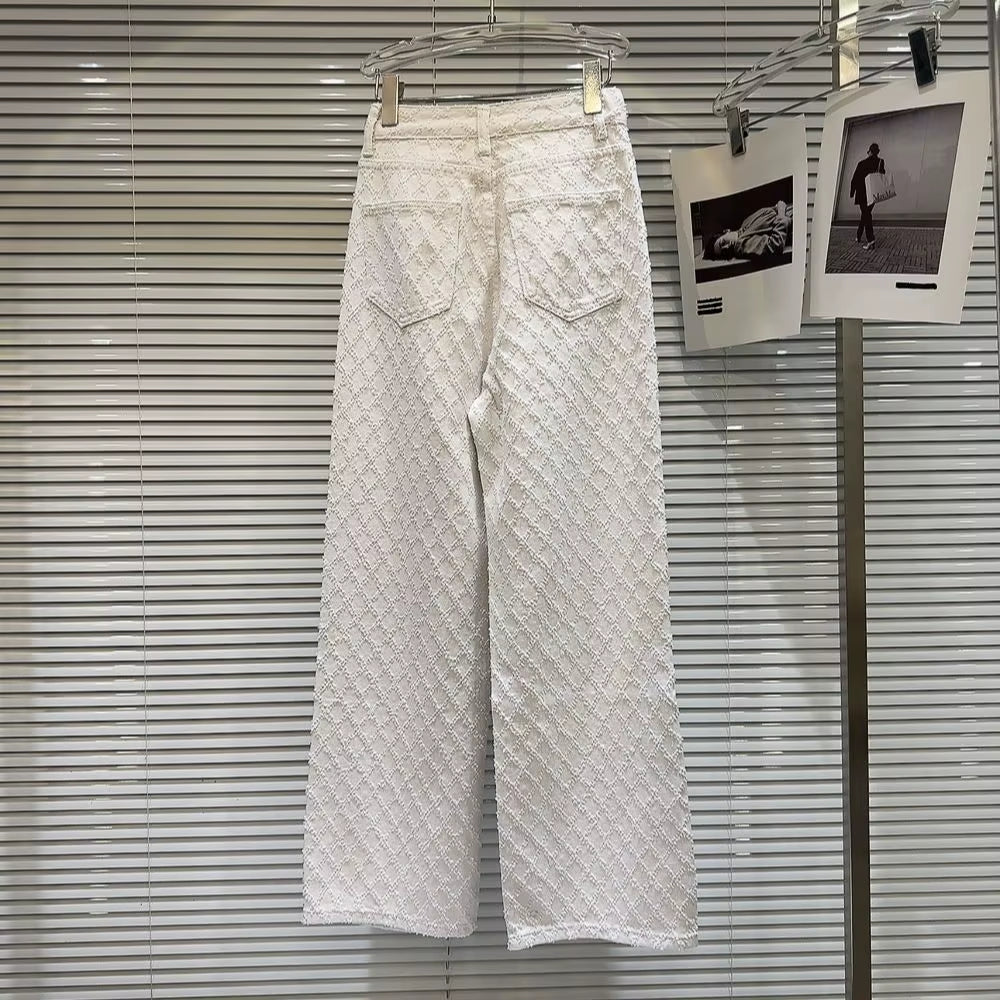 2024 Spring New Elegant Diamond Lattice Jacquard Pattern Washed and Worn Hot Girl Wide Leg Jeans