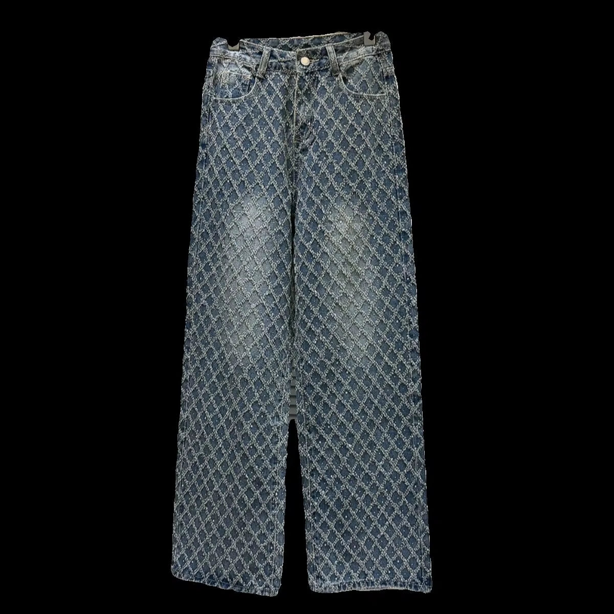 2024 Spring New Elegant Diamond Lattice Jacquard Pattern Washed and Worn Hot Girl Wide Leg Jeans