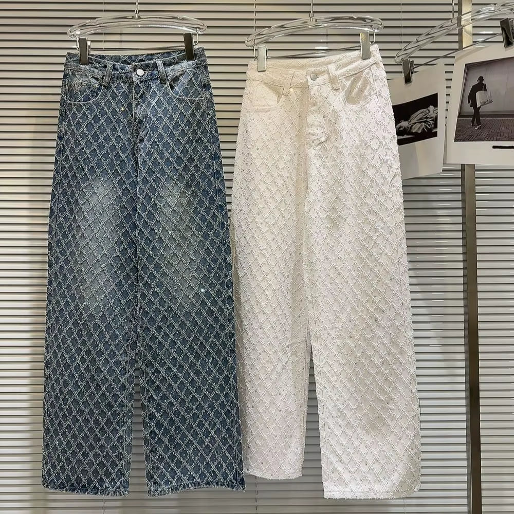 2024 Spring New Elegant Diamond Lattice Jacquard Pattern Washed and Worn Hot Girl Wide Leg Jeans