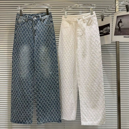 2024 Spring New Elegant Diamond Lattice Jacquard Pattern Washed and Worn Hot Girl Wide Leg Jeans