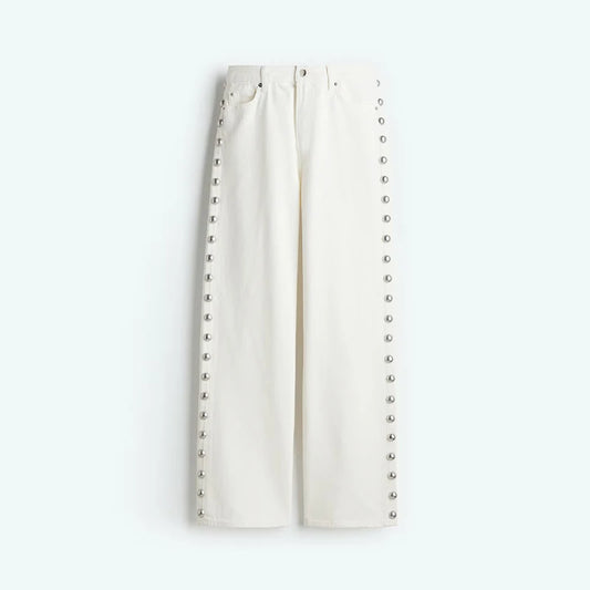 Fashion Bead Jean for Women Baggy High Waist Pockets Zipper Wide Leg Trouser Female 2025 Spring Lady High Street Y2K Outwear